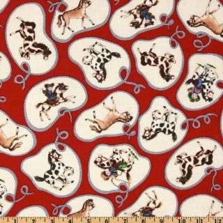 44 Wide Paper Doll Cowboy Lassoed Horses Red Fabric By The Yard