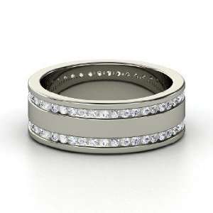  Double Happiness Band, 14K White Gold Ring with White 