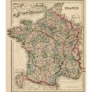   Gray 1882 Hand Painted Antique Map of France   $239