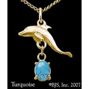   Yellow Gold, Turquoise set gemstone, Dolphin Animal Jewelry, 14 k gold