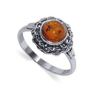 Sterling Silver Round Cut Baltic Cool Amber Ring Accents 2mm Band Size 