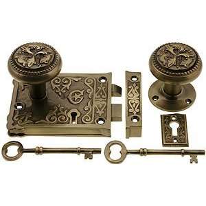 Rim Locks for Doors. 3 1/4 x 4 1/8 Decorative Lock Set in Antique By 