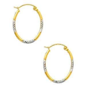  14K Yellow and White 2 Two Tone Gold Diamond Cut Tube Oval 