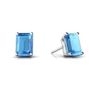   14K White Gold Emerald cut Genuine Blue Topaz Stud Earrings Jewelry