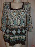 BFS04~DRESSBARN Blue Brown Lime Crinkle 3/4 Sleeve Blouse Top Size M 8 
