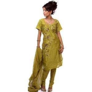 Moss Green Chanderi Suit with Floral Embroidery and Sequins   Art Silk
