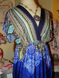 PERSIAN PRINCESS Slinky Flowing BLUE PAISLEY Empire MAXI DRESS XL 