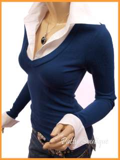 Smart Shirt Collar V Neck Cuff Sleeve Knit Top 2 in 1 Style  