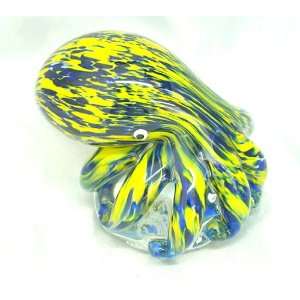   Glass Yellow and Blue Octopus on a Rock Paperweight