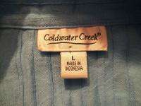 Sz L Large Coldwater Creek crepe blue pintucked top shirt blouse 