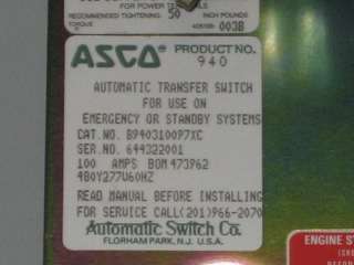 ASCO 940 100A 480Y277V 60Hz AUTOMATIC TRANSFER SWITCH  