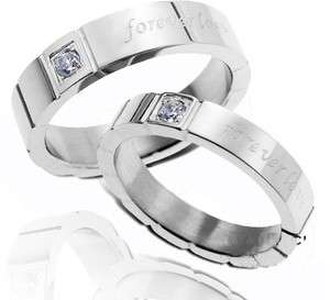  Stainless Steel Wedding Band Forever Love Engraved w/GEM Couple Rings