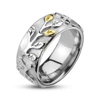 Stainless Steel Gold Accented Leaf on Vine Band Ring Size 5 9  