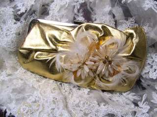 OOAK HANDMADE Glamour Golden feathers, crystal evening bag, clutch 