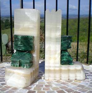   Hand Carved Marble AZTEC BOOK ENDS Jade Tiki AWESOME GIFT  
