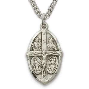 Sterling Silver Engraved Four Way Medal Necklace Catholic Jewelry Four 