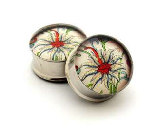 Pair Japanese Flower Picture Plugs gauges STYLE 5  