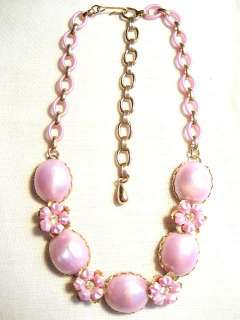 Vintage Plastic Violet Pink Rhinestone FLOWER Necklace  
