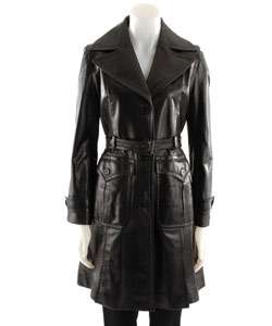 DKNY Womens Belted Leather Trench Coat  