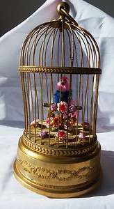   antique France singing bird in cage AUTOMATON.Gold plated bronze cage