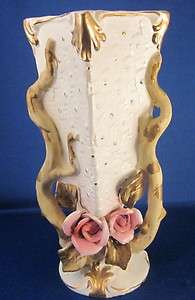   Ceramics Japan Vase Raised Roses Leaves Gold Trim White Pink  