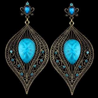   alloy gold tone hollow leaf drop turquoise dangle earrings 3E05  
