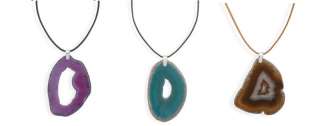 Leather Necklace with Sliced Agate Pendant 3 Colors  