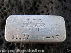 11.67 Oz. GDC Tempe Az. silver ingot/bar 999 ag rare  