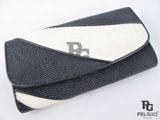   Genuine Stingray Skin Leather Women Trifold Clutch Wallet Black White