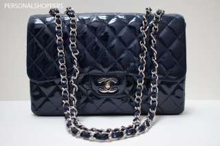 GORGEOUS CHANEL 07 NAVY BLUE PATENT LEATHER JUMBO FLAP BAG NEW  