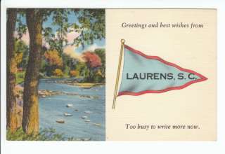   Laurens SC Pennant Greeting County Cty Postcard Vintage Flag Wishers