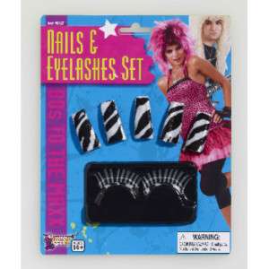 New 80s Costume Accessory Nails & Eyelash Set Zebra  