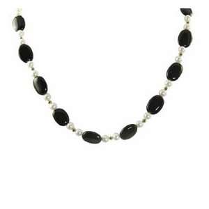   14KY Freshwater cultured pearl necklace with oval black onyx. Jewelry