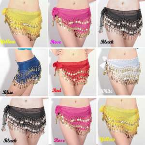 Chiffon 3 Rows 128 Coins Belly Dance Hip Skirt Scarf Wrap Belt Costume 