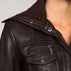 MICHAEL Michael Kors Womens Knit Collar Leather Jacket   