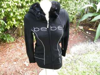 BEBE SWEAT SHIRT Logo Hoodie faux fur crystal 186255 jacket BLACK 