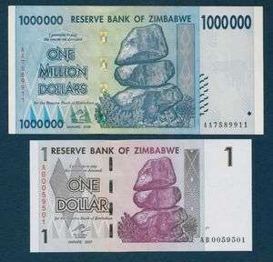 MILLION ZIMBABWE DOLLARS + 1 DOLLAR BANK NOTES ♦UNC♦  