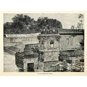  1890 Wood Engraving Bathing Place Sri Lanka Cityscape Architecture 