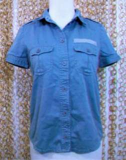 MARC JACOBS Womens Gray Blue Button Up Military Short Sleeve Shirt sz 