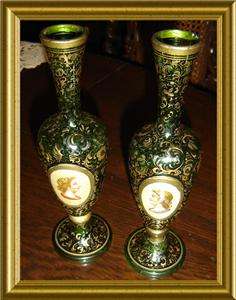 ANTIQUE PAIR 19C GREEN BOHEMIAN MOSER CRYSTAL OVERLAY HANDPAINTED 