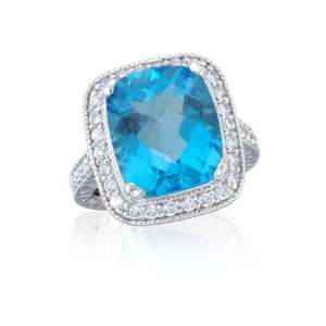  12.68 Ct Blue Topaz & Diamond 14K White Gold Ring New 