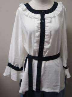 Linea by Louis DellOlio Ruffle Blouse with Self Belt S White NWOT 
