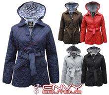   LADIES QUILTED PADDED BUTTON HOODED WINTER BELTED JACKET COAT 8 14
