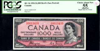 1954 Bank of Canada $1000 Devils Face Bank Note PCGS Graded AU 55 