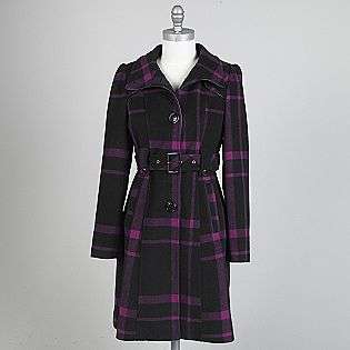 Womens Belted Plaid Wool Trench Coat  Mirage Clothing Womens 