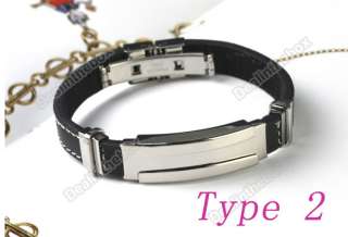 Mens Black Cool Stainless Steel Rubber Bracelet Cuff Wristband 