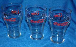 Bell Shaped Coca Cola Glasses. Clear. Red letters.  