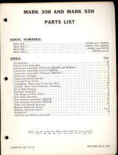 1959 MERCURY OUTBOARD MARK 30H / MARK 55H PARTS MANUAL / ORIGINAL 