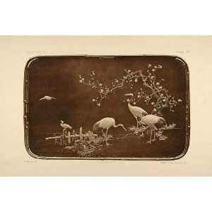 1884 Japanese Cranes Ducks Ume Bronze Tray Heliogravure   Original 
