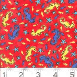  45 Wide Funky Seahorses Red Fabric By The Yard: Arts 